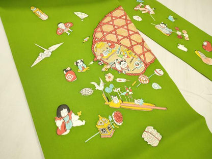 平和屋着物●塩瀬　九寸名古屋帯　手描き　童子遊び　玩具文　亀　鶴　金彩　正絹　逸品　DABE6222cm