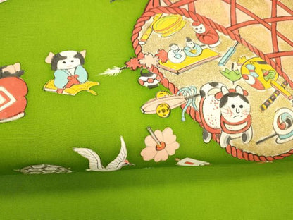 平和屋着物●塩瀬　九寸名古屋帯　手描き　童子遊び　玩具文　亀　鶴　金彩　正絹　逸品　DABE6222cm