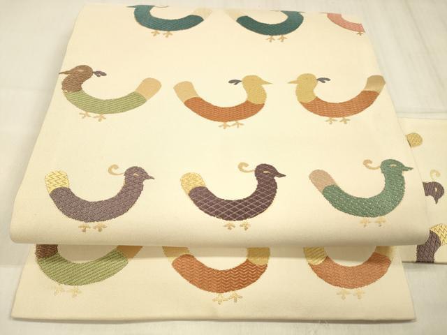 平和屋着物●九寸名古屋帯　唐織　群鳥　金糸　三越扱い　正絹　逸品　DABE6223cm