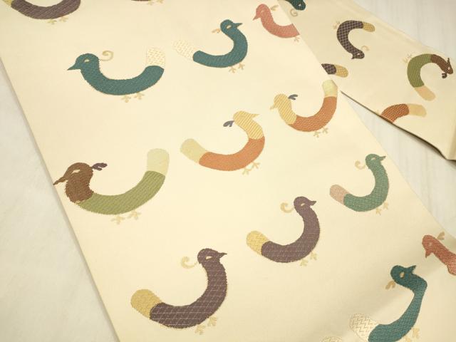 平和屋着物●九寸名古屋帯　唐織　群鳥　金糸　三越扱い　正絹　逸品　DABE6223cm