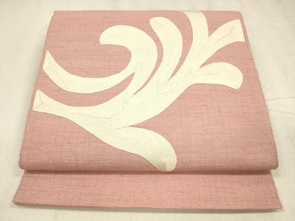 平和屋着物●本場結城紬　重要無形文化財　八寸名古屋帯　総刺繍　抽象文様　紅梅色　正絹　逸品　DABE6224cm