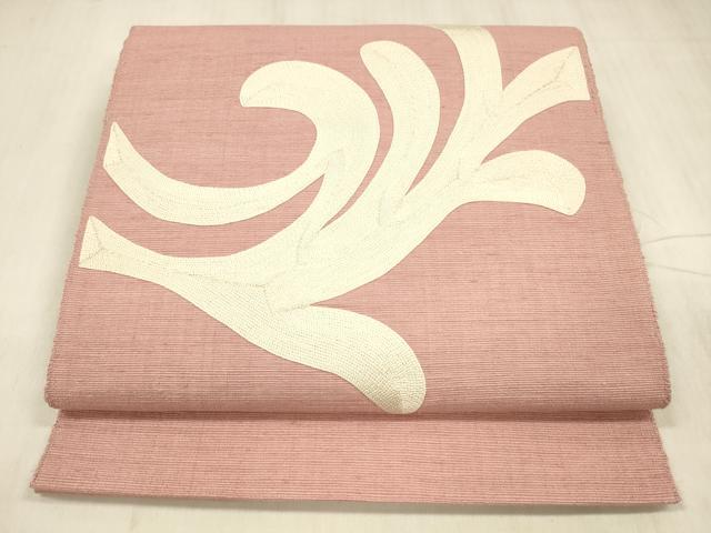 平和屋着物●本場結城紬　重要無形文化財　八寸名古屋帯　総刺繍　抽象文様　紅梅色　正絹　逸品　DABE6224cm