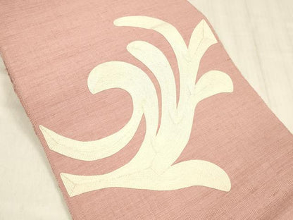 平和屋着物●本場結城紬　重要無形文化財　八寸名古屋帯　総刺繍　抽象文様　紅梅色　正絹　逸品　DABE6224cm