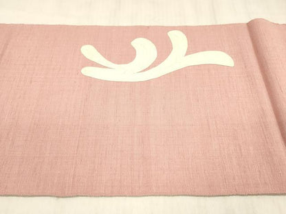 平和屋着物●本場結城紬　重要無形文化財　八寸名古屋帯　総刺繍　抽象文様　紅梅色　正絹　逸品　DABE6224cm
