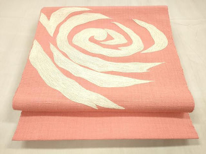 平和屋着物●本場結城紬　重要無形文化財　八寸名古屋帯　総刺繍　抽象文様　真朱色　正絹　逸品　DABE6225cm