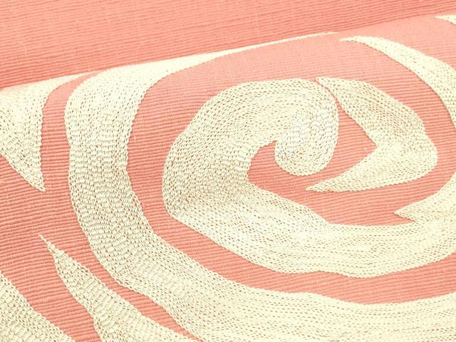 平和屋着物●本場結城紬　重要無形文化財　八寸名古屋帯　総刺繍　抽象文様　真朱色　正絹　逸品　DABE6225cm