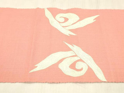 平和屋着物●本場結城紬　重要無形文化財　八寸名古屋帯　総刺繍　抽象文様　真朱色　正絹　逸品　DABE6225cm