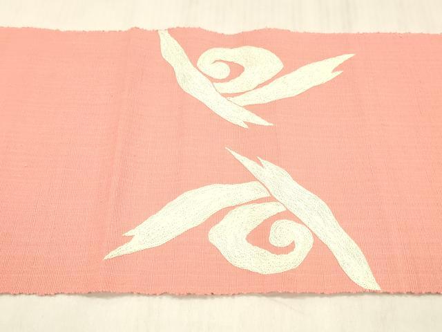 平和屋着物●本場結城紬　重要無形文化財　八寸名古屋帯　総刺繍　抽象文様　真朱色　正絹　逸品　DABE6225cm