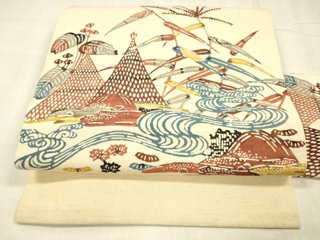 平和屋着物●九寸名古屋帯　型染　紬地　風景飛鳥文　正絹　逸品　DABE6227cm
