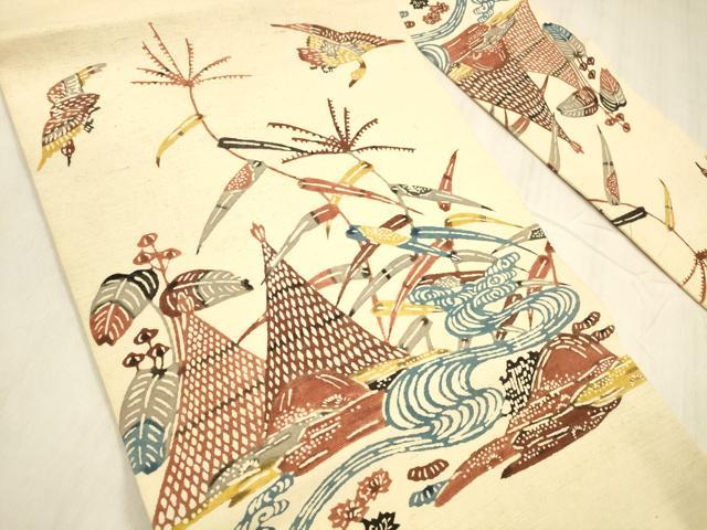 平和屋着物●九寸名古屋帯　型染　紬地　風景飛鳥文　正絹　逸品　DABE6227cm