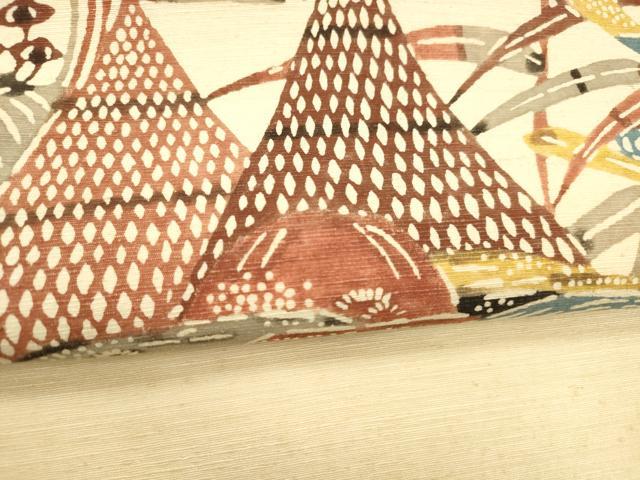 平和屋着物●九寸名古屋帯　型染　紬地　風景飛鳥文　正絹　逸品　DABE6227cm