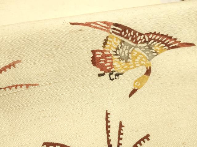平和屋着物●九寸名古屋帯　型染　紬地　風景飛鳥文　正絹　逸品　DABE6227cm