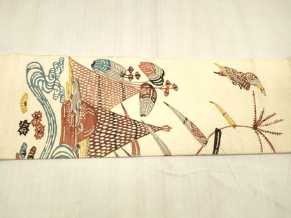 平和屋着物●九寸名古屋帯　型染　紬地　風景飛鳥文　正絹　逸品　DABE6227cm