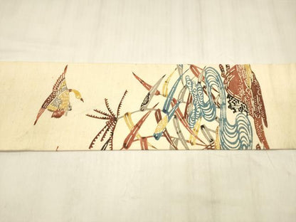 平和屋着物●九寸名古屋帯　型染　紬地　風景飛鳥文　正絹　逸品　DABE6227cm