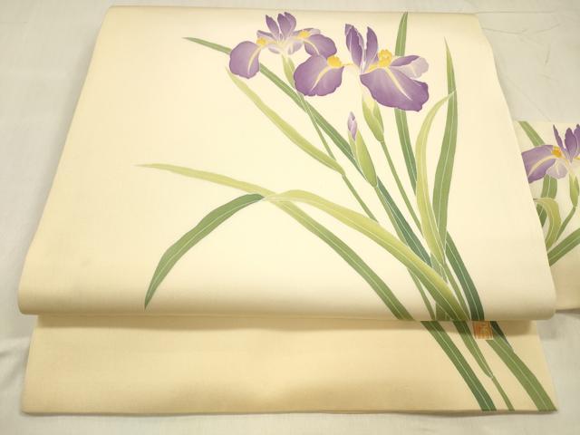平和屋着物●塩瀬　九寸名古屋帯　友禅　作家物　杜若　正絹　逸品　DABE6230cm