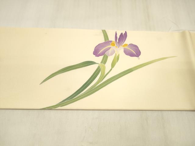 平和屋着物●塩瀬　九寸名古屋帯　友禅　作家物　杜若　正絹　逸品　DABE6230cm