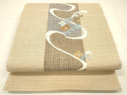 平和屋着物▽太鼓柄袋帯　スリーシーズン　春夏秋　流水花文　金銀糸　正絹　逸品　DABE6248cm