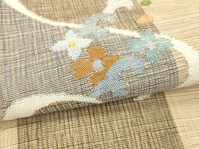 平和屋着物▽太鼓柄袋帯　スリーシーズン　春夏秋　流水花文　金銀糸　正絹　逸品　DABE6248cm