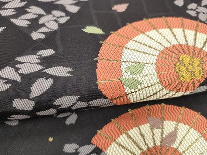 平和屋着物●西陣　丸福織物謹製　九寸名古屋帯　唐織　番傘舞花文　金糸　証紙付き　正絹　逸品　DABE6250cm