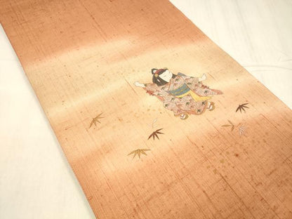 平和屋着物●太鼓柄袋帯　本場真綿絢結城紬　手描き　日本舞踊　笹の葉　証紙付き　正絹　逸品　DABE6252cm