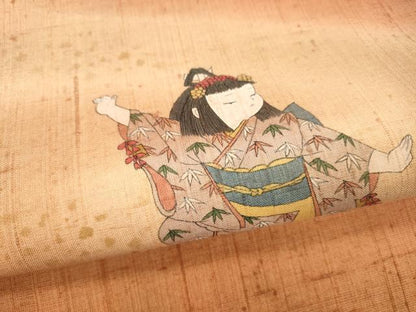 平和屋着物●太鼓柄袋帯　本場真綿絢結城紬　手描き　日本舞踊　笹の葉　証紙付き　正絹　逸品　DABE6252cm