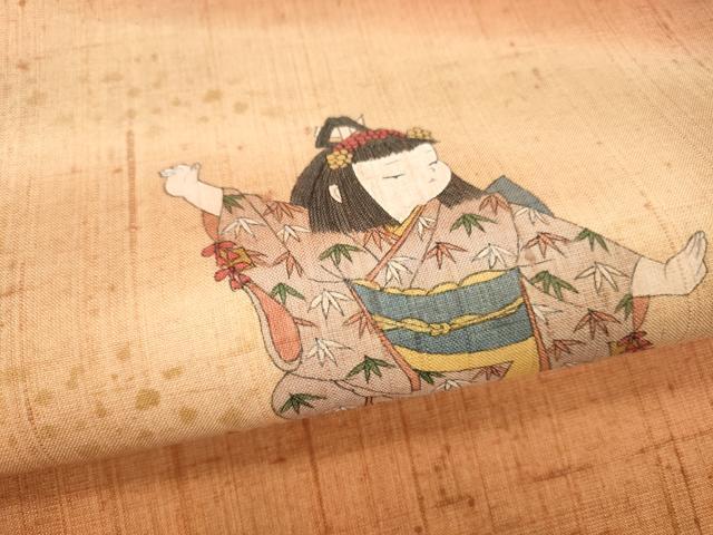 平和屋着物●太鼓柄袋帯　本場真綿絢結城紬　手描き　日本舞踊　笹の葉　証紙付き　正絹　逸品　DABE6252cm