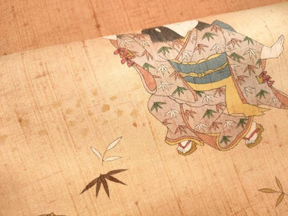 平和屋着物●太鼓柄袋帯　本場真綿絢結城紬　手描き　日本舞踊　笹の葉　証紙付き　正絹　逸品　DABE6252cm