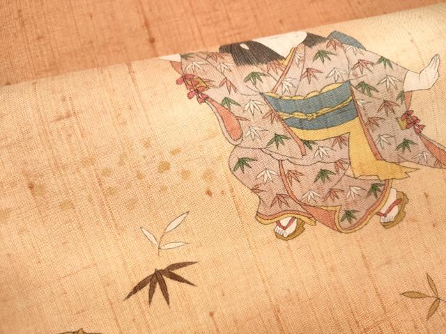 平和屋着物●太鼓柄袋帯　本場真綿絢結城紬　手描き　日本舞踊　笹の葉　証紙付き　正絹　逸品　DABE6252cm
