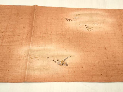 平和屋着物●太鼓柄袋帯　本場真綿絢結城紬　手描き　日本舞踊　笹の葉　証紙付き　正絹　逸品　DABE6252cm