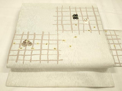 平和屋着物●九寸名古屋帯　唐織　格子　招き猫　小判　金糸　正絹　逸品　DABE6261cm
