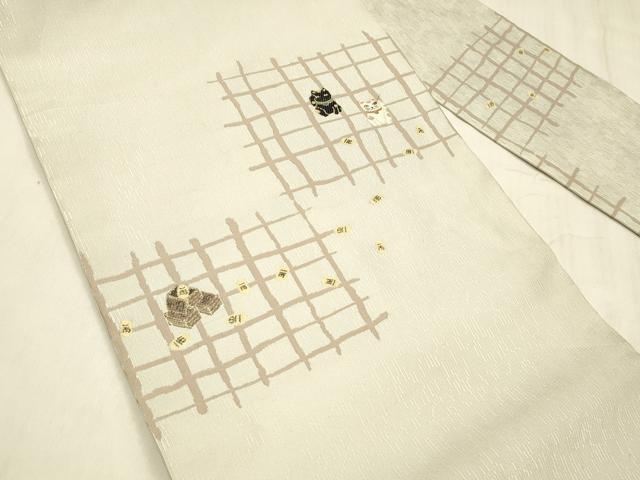 平和屋着物●九寸名古屋帯　唐織　格子　招き猫　小判　金糸　正絹　逸品　DABE6261cm