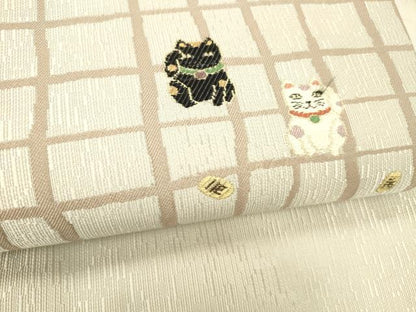 平和屋着物●九寸名古屋帯　唐織　格子　招き猫　小判　金糸　正絹　逸品　DABE6261cm
