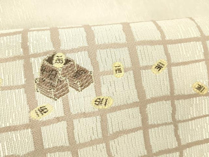 平和屋着物●九寸名古屋帯　唐織　格子　招き猫　小判　金糸　正絹　逸品　DABE6261cm