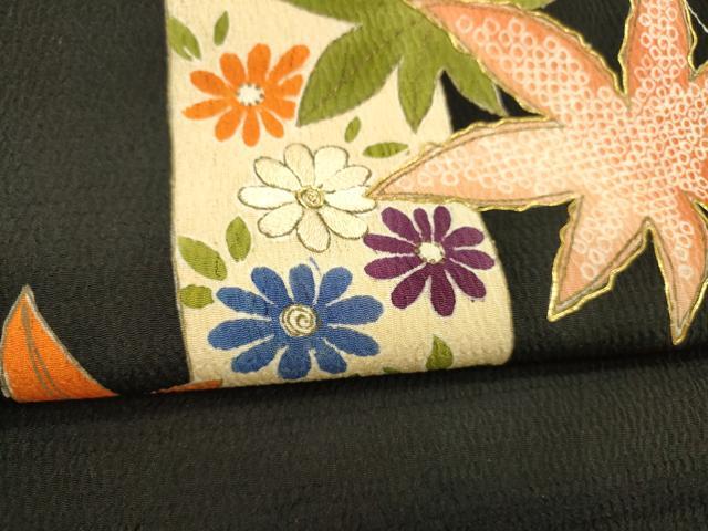 平和屋着物●アンティーク　大正ロマン　両面　丸帯　引き抜き帯　駒刺繍　南天草花文　黒地　鬼しぼ縮緬　正絹　逸品　DABE6262cm