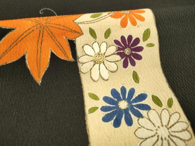 平和屋着物●アンティーク　大正ロマン　両面　丸帯　引き抜き帯　駒刺繍　南天草花文　黒地　鬼しぼ縮緬　正絹　逸品　DABE6262cm