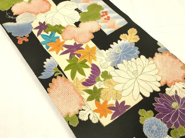 平和屋着物●アンティーク　大正ロマン　両面　丸帯　引き抜き帯　駒刺繍　南天草花文　黒地　鬼しぼ縮緬　正絹　逸品　DABE6262cm