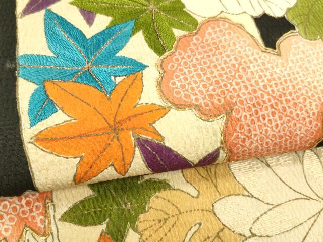 平和屋着物●アンティーク　大正ロマン　両面　丸帯　引き抜き帯　駒刺繍　南天草花文　黒地　鬼しぼ縮緬　正絹　逸品　DABE6262cm