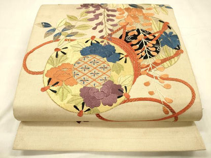 平和屋着物●アンティーク　大正ロマン　太鼓柄　京袋帯　駒刺繍　総刺繍　鼓草花文　藤花房　金糸　正絹　逸品　DABE6265cm