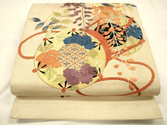 平和屋着物●アンティーク　大正ロマン　太鼓柄　京袋帯　駒刺繍　総刺繍　鼓草花文　藤花房　金糸　正絹　逸品　DABE6265cm