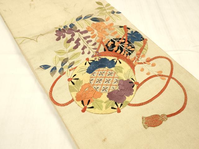 平和屋着物●アンティーク　大正ロマン　太鼓柄　京袋帯　駒刺繍　総刺繍　鼓草花文　藤花房　金糸　正絹　逸品　DABE6265cm