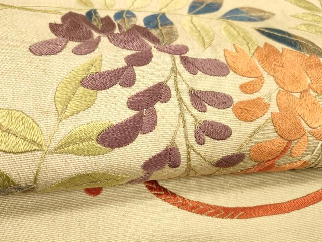 平和屋着物●アンティーク　大正ロマン　太鼓柄　京袋帯　駒刺繍　総刺繍　鼓草花文　藤花房　金糸　正絹　逸品　DABE6265cm