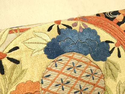 平和屋着物●アンティーク　大正ロマン　太鼓柄　京袋帯　駒刺繍　総刺繍　鼓草花文　藤花房　金糸　正絹　逸品　DABE6265cm