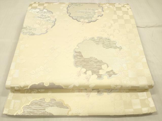 平和屋着物●六通柄袋帯　唐織　雪輪舞花文　銀糸　正絹　逸品　DABE6274cm