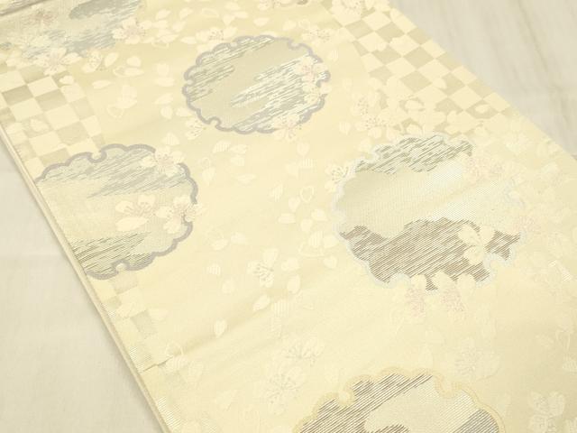 平和屋着物●六通柄袋帯　唐織　雪輪舞花文　銀糸　正絹　逸品　DABE6274cm