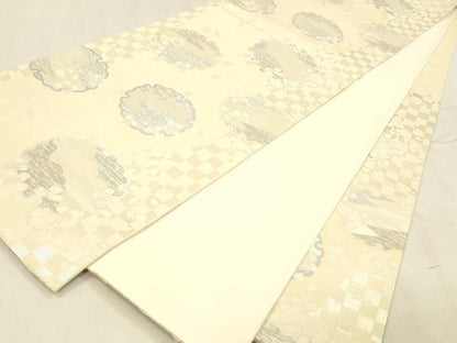 平和屋着物●六通柄袋帯　唐織　雪輪舞花文　銀糸　正絹　逸品　DABE6274cm