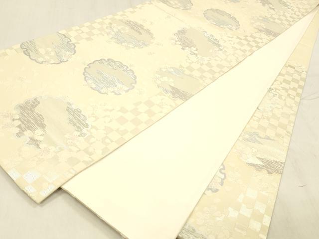 平和屋着物●六通柄袋帯　唐織　雪輪舞花文　銀糸　正絹　逸品　DABE6274cm
