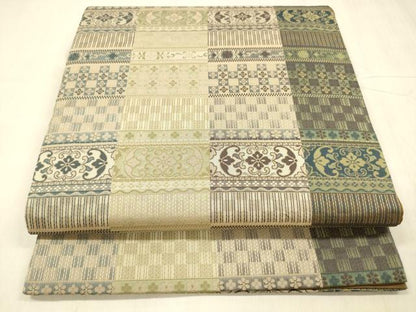 平和屋着物●全通柄袋帯　横段草花文　正絹　逸品　DABE6275cm