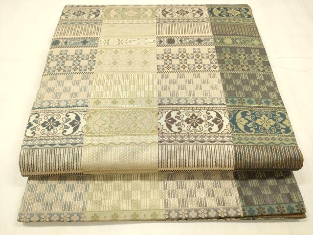 平和屋着物●全通柄袋帯　横段草花文　正絹　逸品　DABE6275cm