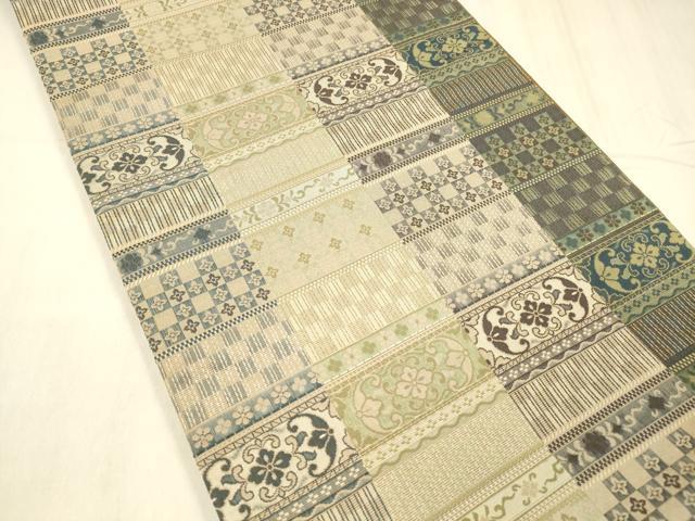 平和屋着物●全通柄袋帯　横段草花文　正絹　逸品　DABE6275cm