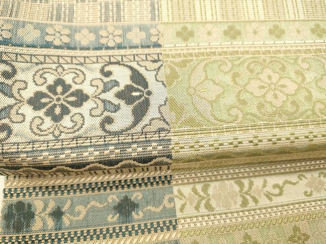 平和屋着物●全通柄袋帯　横段草花文　正絹　逸品　DABE6275cm